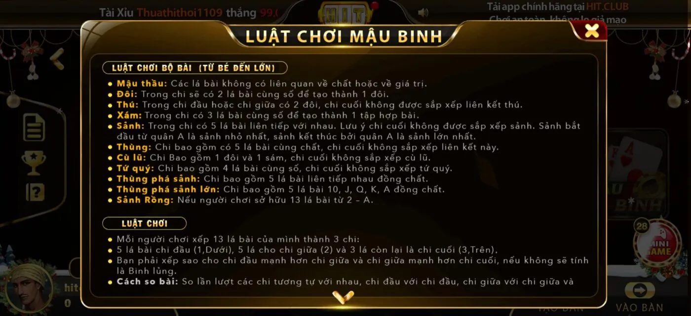 Luật chơi Mậu Binh HitClub